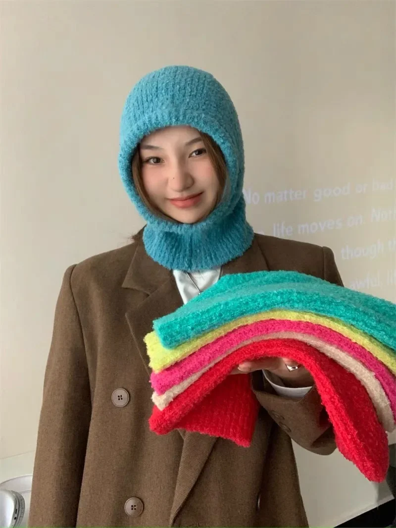 

Winter Balaclava Hats For Women Knitted Hooded Caps Outdoor Thicken Warm Beanie Hat Unisex One-Piece Neck Collar Beanies Cap