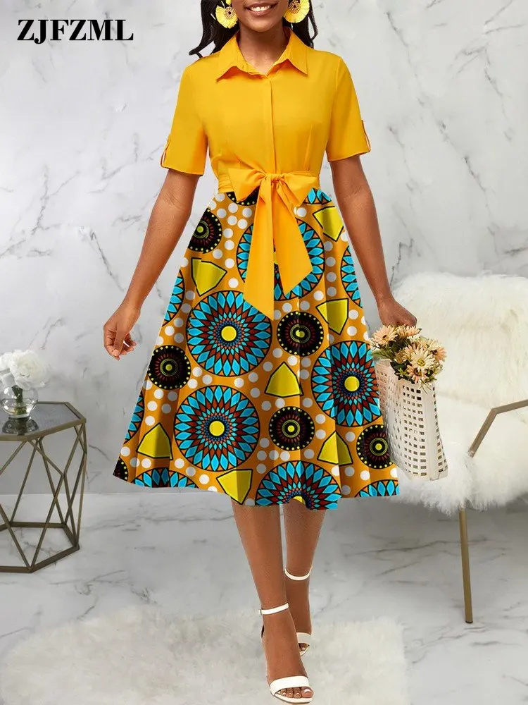 

Preppy Style Women's Geometric Pattern Big Swing Knee Length Dresses Vintage Turn Down Collar Short Sleeve Empire Waist Dress