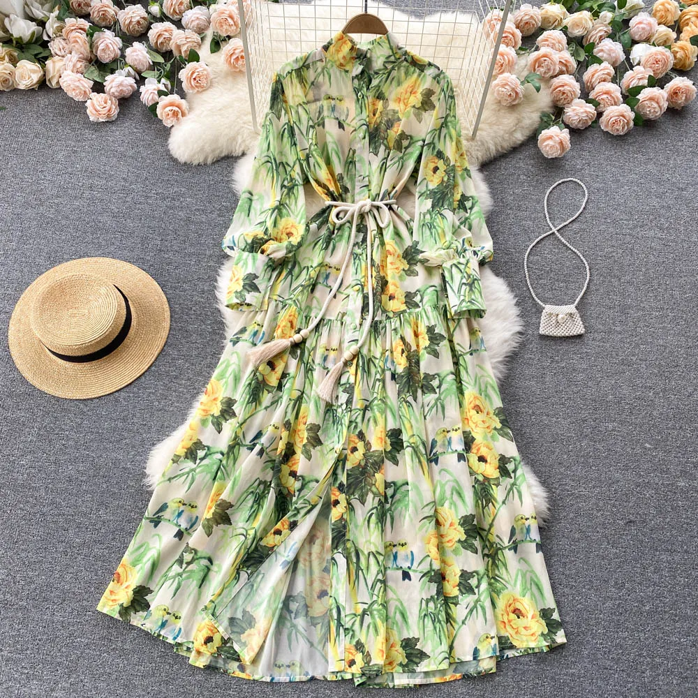 

D067 Women New Fashion Spring Autumn Stand Neck Long Sleeve Holiday Beach Printed Chiffon A-line Dress Elegant Vestidos