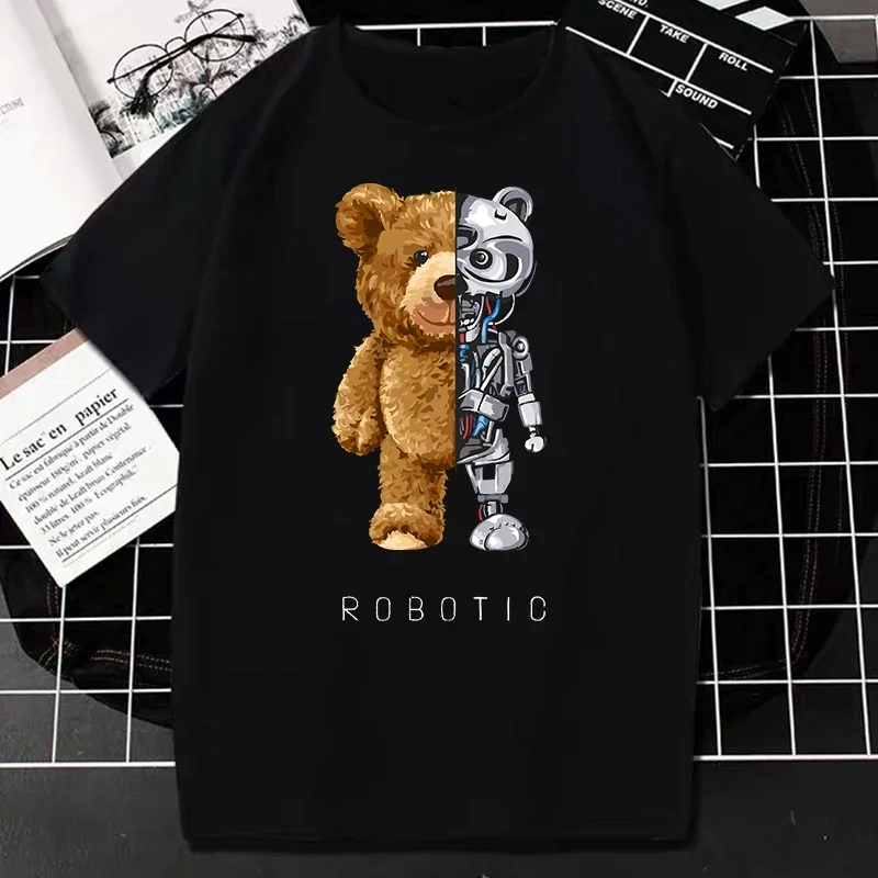 

Creative Teddy Robot Print Cotton T-shirt Cool Robotic Graphic Streetwear Women Men Casual Hip Hop Tee