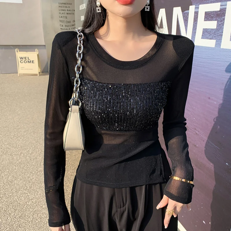 

#8472 Black Perspective T Shirt Women Thin Sexy Club Tight T-shirt Sequins Streetwear Hip Hop Split Joint Women's T-shirt Summer