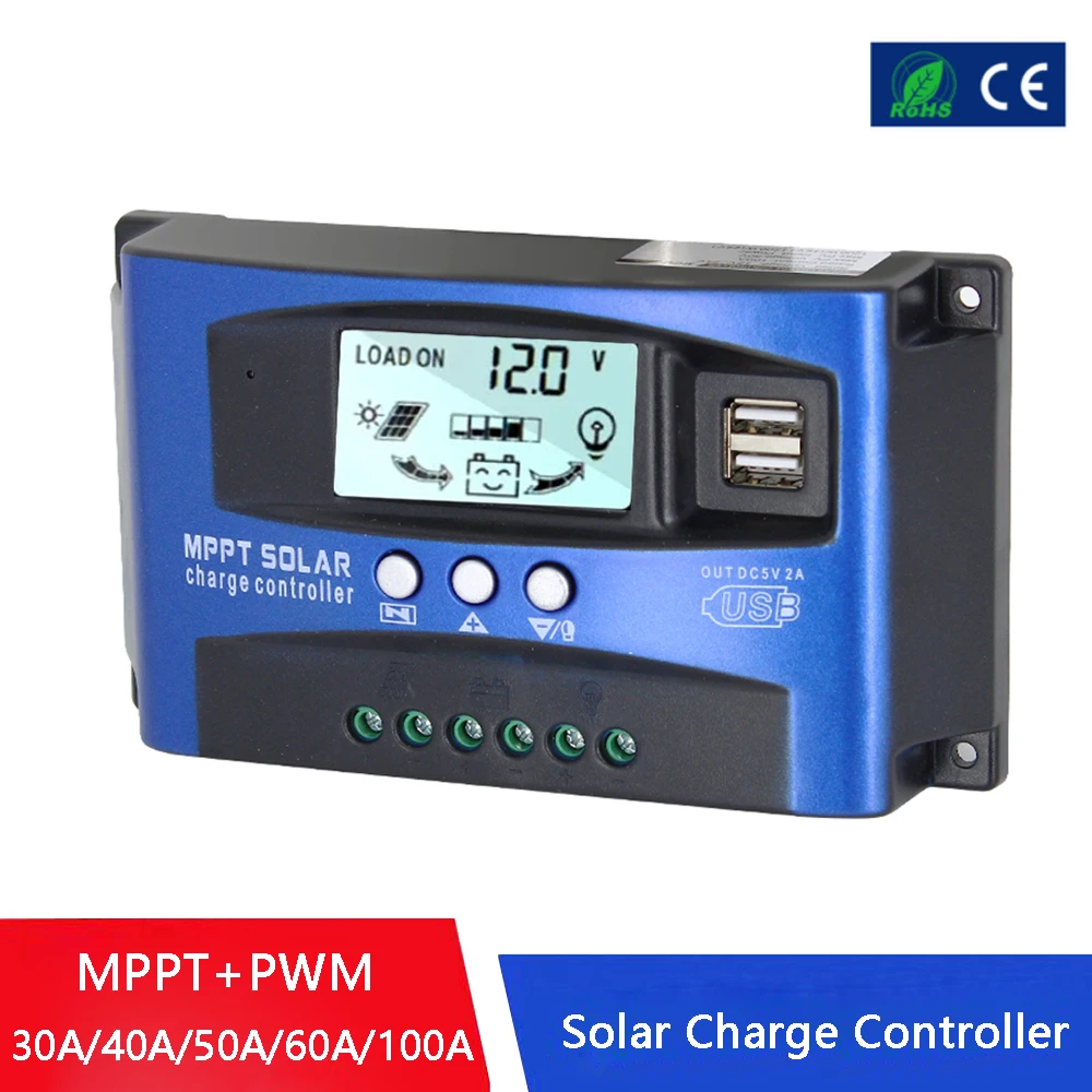 

Контроллер заряда солнечной батареи 100A 60A 50A 40A 30A MPPT PWM, регулятор заряда солнечной батареи 12В 24В, автоматический двойной USB ЖК-дисплей