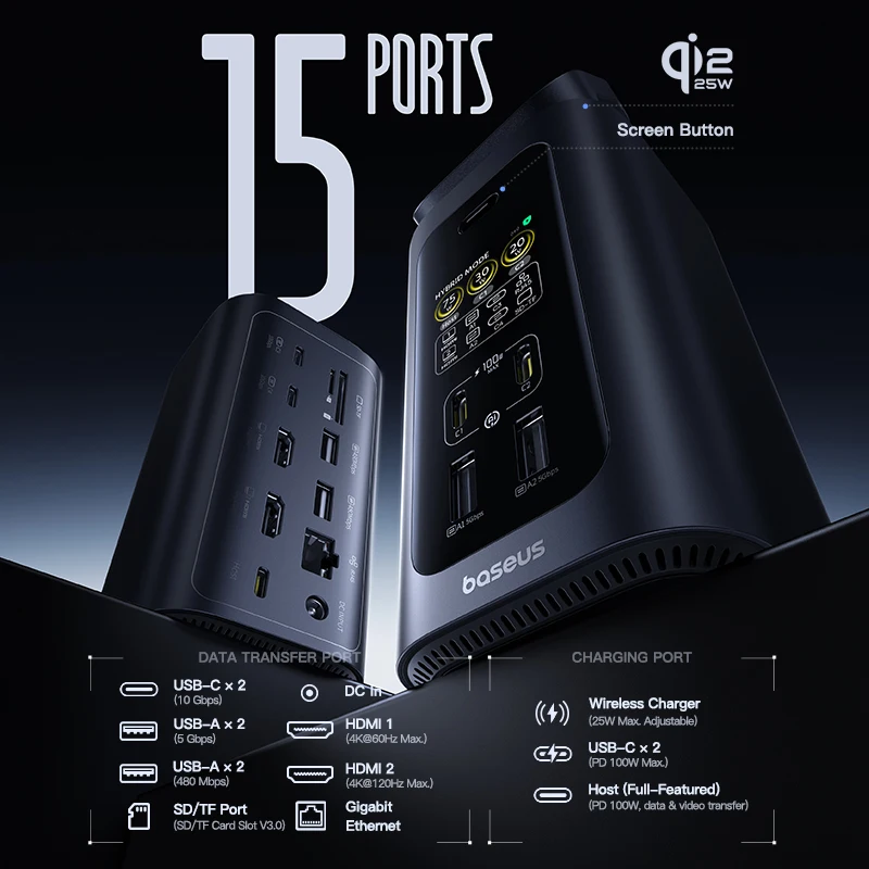 Фото Многофункциональный USB-C хаб Baseus 160W 15-в-1 с 2 портами HDMI 4K@120Hz/60Hz, беспроводной зарядкой Qi2.2 25W и адаптером GaN 180W (EU/US), док-станция №2