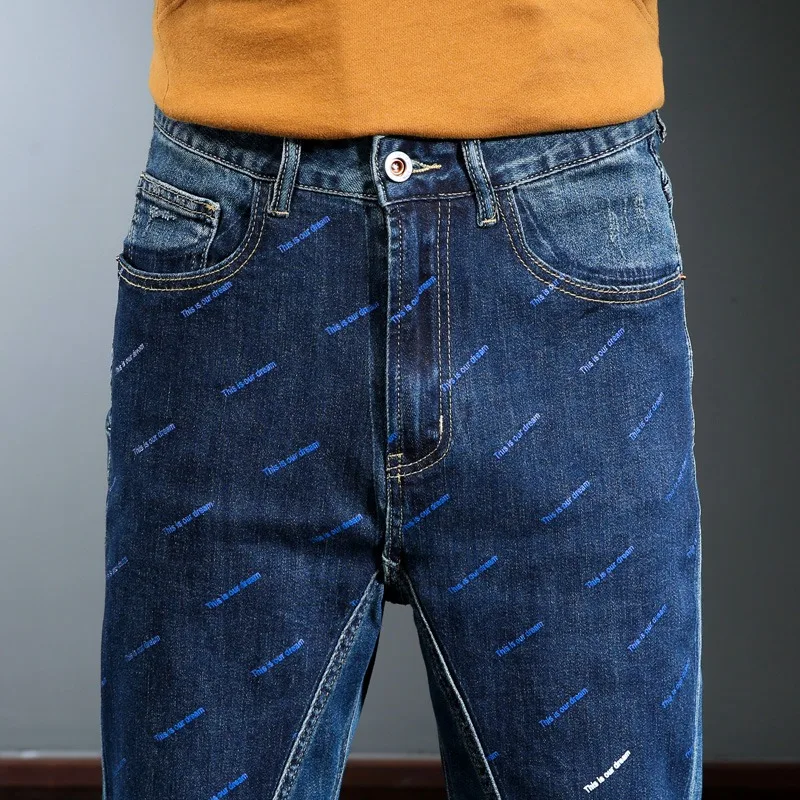 2022 Fashion Patchwork Jeans Men Casual Pencil Pants Blue Printed Jean Korean Style Streetwear Straight Denim Trousers