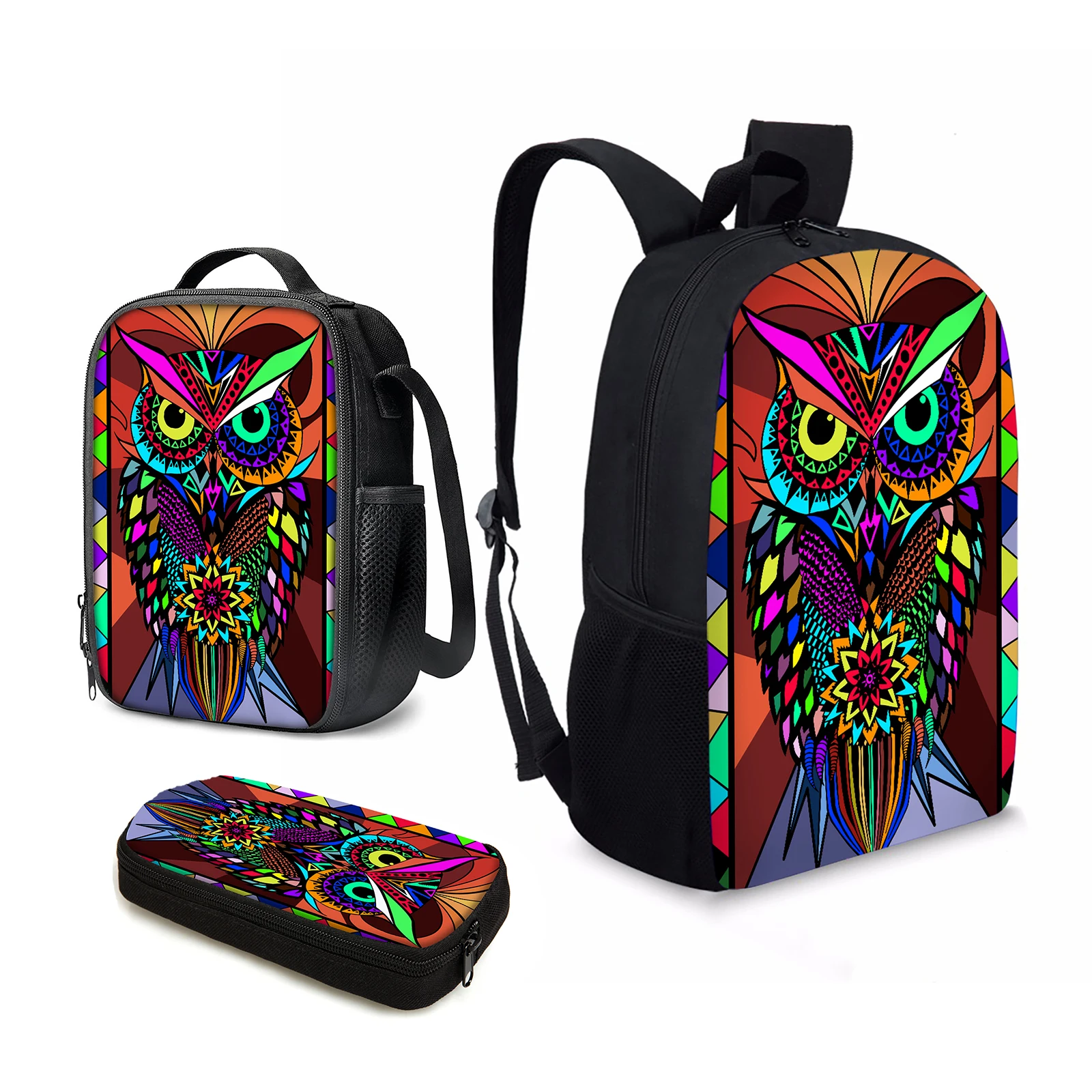YIKELUO Colorful Watercolor Owl Design Comfortable Adjustable Shoulder Strap Backpack Insulation Lunch Bag Student Pencil Case