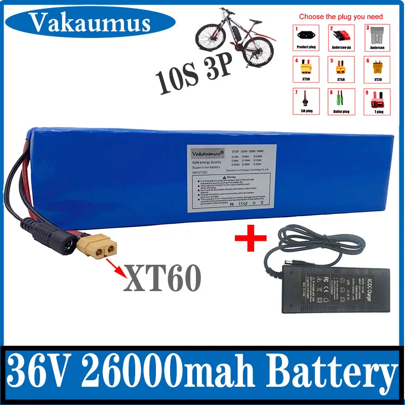 

XT60 Interface 36V Battery 10S 3P 26Ah Battery Pack 1000W High Power Battery 36V30000mAh Electric Bicycle BMS+42V Charger