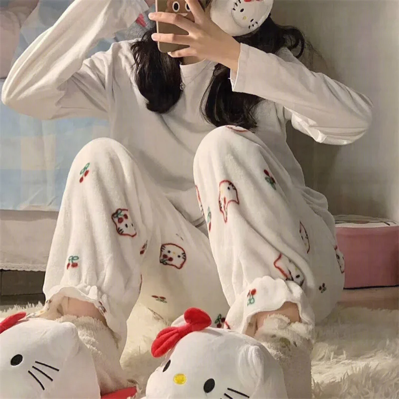 

Sanrio Hellokitty Lovely Pajamas Women's Trouser Autumn Winter Plush Thickened Flannel Trouser Warm Pant Coral Velvet Home Pant