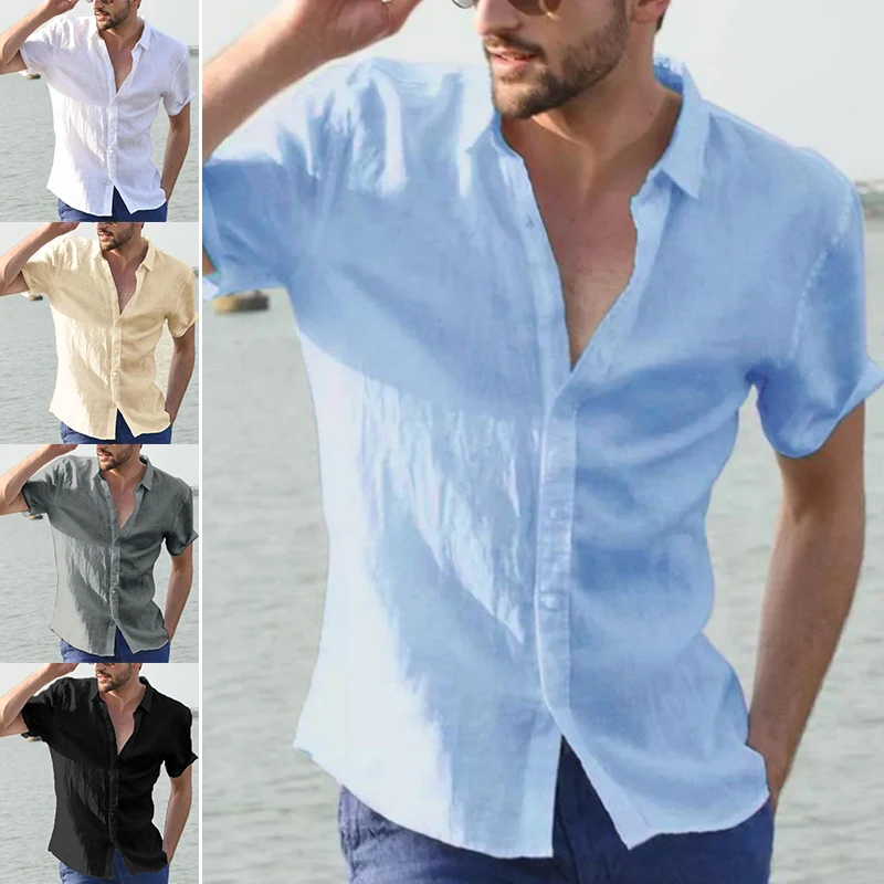 

Mens T Shirts Solid Color Cool Tops Tees Short Sleeve Shirts Summer Shirt Stand Collar Casual Beach Sty Blouse Linen Cotton Tops
