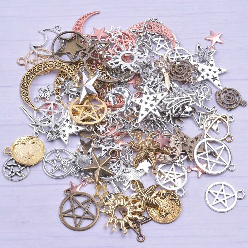 30/50/100Pcs Mix Antique Bronze Star Moon Alloy Pendant Handmade Charms For Jewelry Making Tibetan silver Necklace Materials