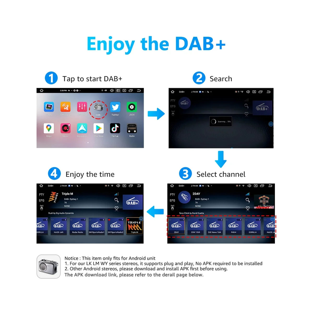 DAB USB Android автомобильный радиоприемник с антенной