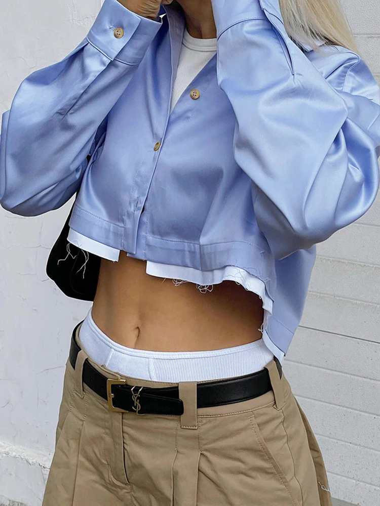 

Alinemyer Street Cropped Shirts Blue Patchwork White Summer Long Sleeves Blouse Lapel Loose Splicing Tops 2022 Trendy Female