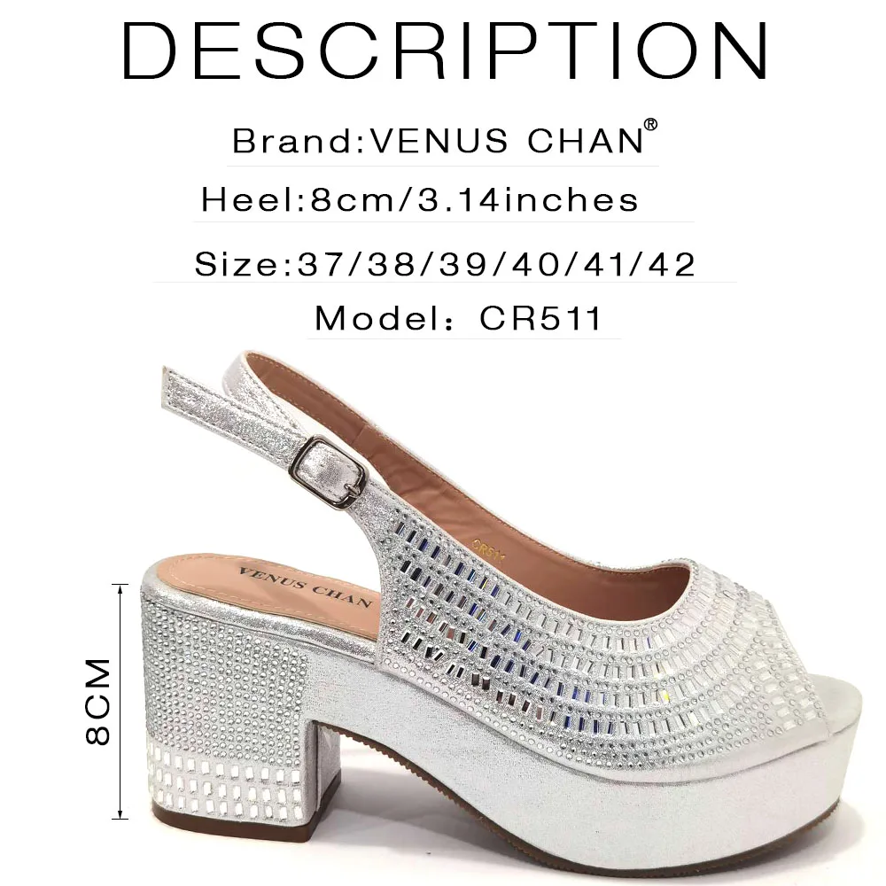 Venus Chan Latest Summer Women's Shoes Platform Heels Italian Design All Diamond Silver Evening Shoes and Bags Matching Set 2023