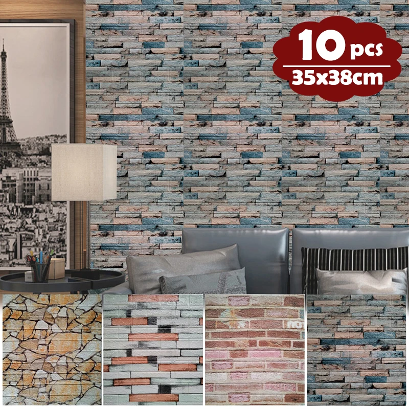 

10Pcs Retro Brick Wall Sticker 3D DIY Wallpaper for Living Room Bedroom TV Wall Waterproof Self-Adhesive Foam Wall Sticker Decor