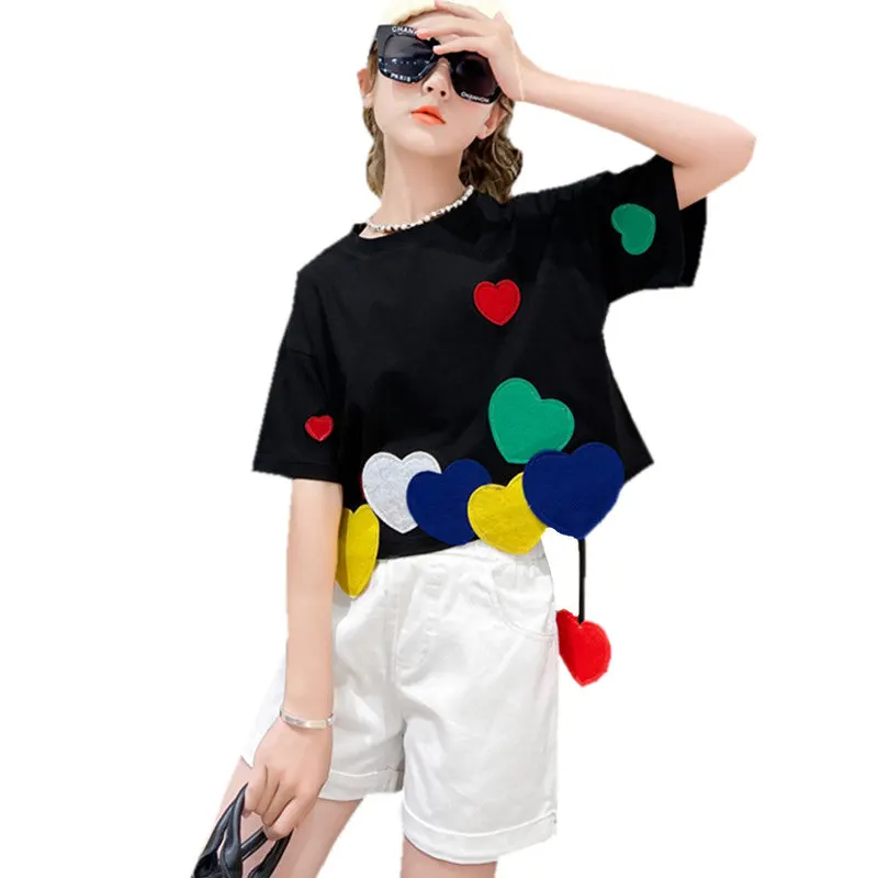 

Kids Summer Clothes Girls Fashion Heart Design Korean Tshirts+White Shorts For Teenager Children's Costume 6 8 10 12 14Years Old