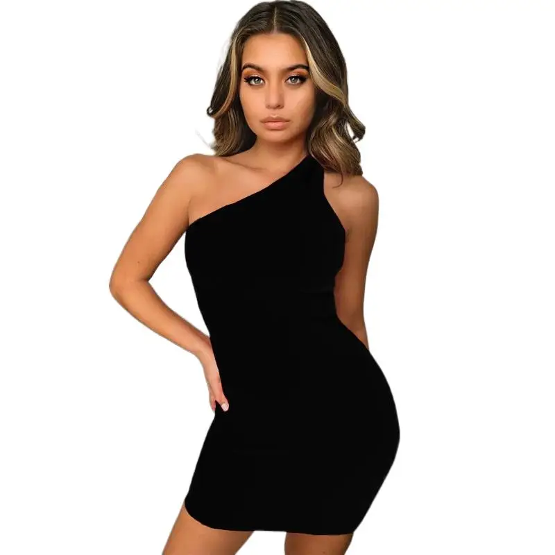 

New Club Outfits Sexy Dress Black One Shoulder Party Summer Women Sleeveless Bodycon Mini Dresses Plus Size Vestido Casual Dress