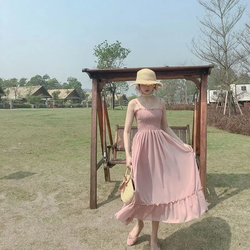 

2022 Summer new women ins fashion sweet suspender skirt chiffon mid-length skirt