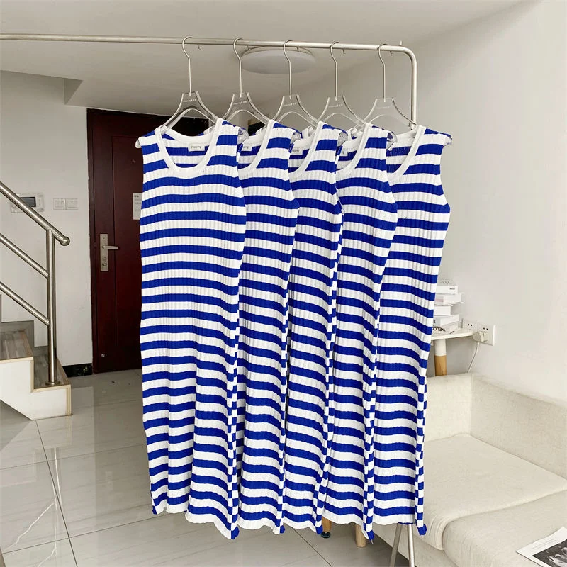 

Versatile Blue White Striped Vest Dress Summer Casual Loose Slim Sleeveless Women Long Dress