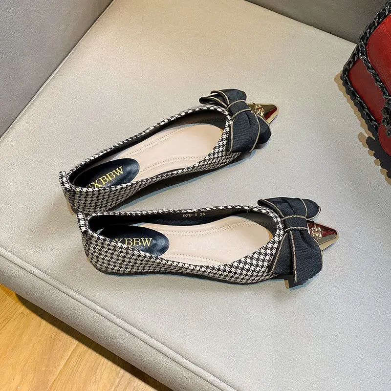 

Pointed Toe Shoes High Heels All-match Shallow Mouth Houndstooth Metal Women Small Fragrance Bow Four Seasons Flat Scoop Shoes