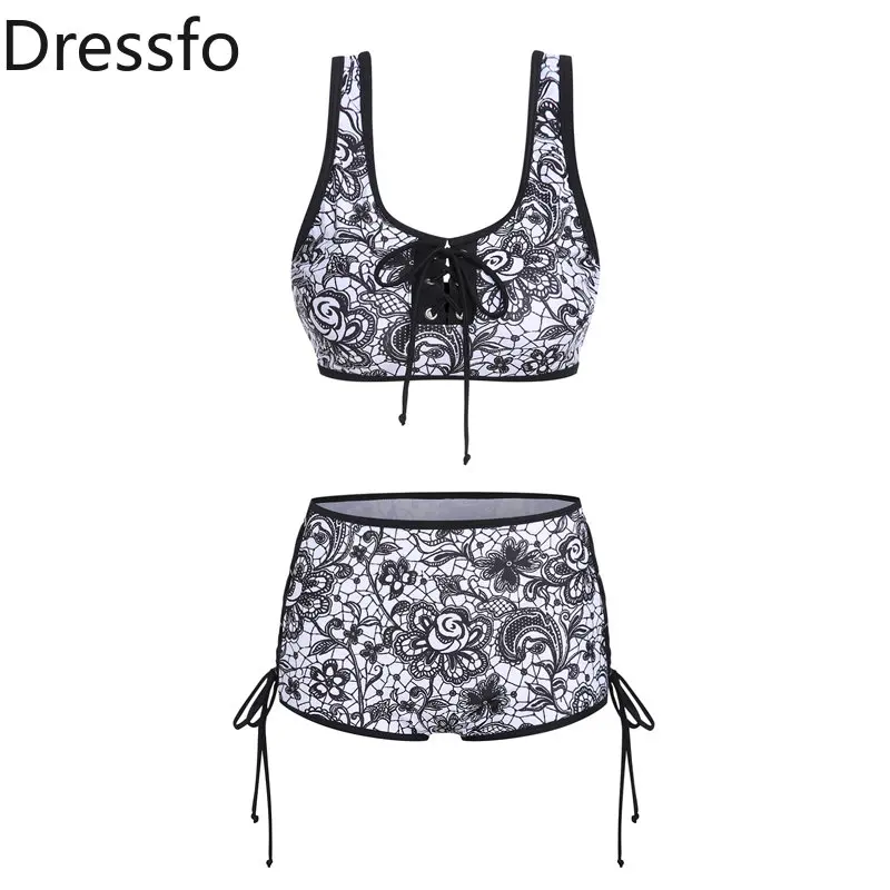 

Dressfo Bohemian Floral Paisley Print Lace Up Bikinis Set High Waist Bandage Bottom Tankini Set Two Piece Boho Beach Swimwear