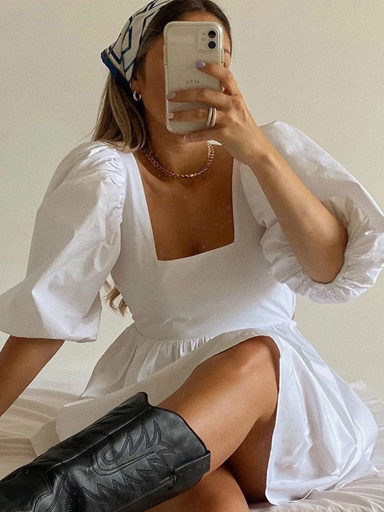 

Women Summer Dress Fashion White Elegant Puff Sleeve Backless Party Beach Vacation Casual Mini Dresses Vestido Mujer Robe Femme