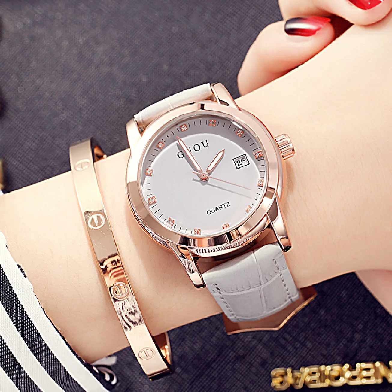 Fashion Top Guou Brand Women Watch Famous Rose Gold Watch Lady Leather Waterproof Wrist Ladies Dress Date Clock Relogio Feminino