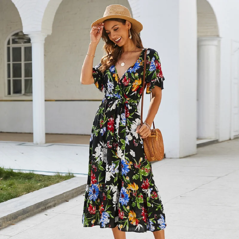 

2022 New Women Floral Print Beach Long Dress Summer Boho Maxi Sundress Casual Short Sleeve Elegant V-Neck Dress Party