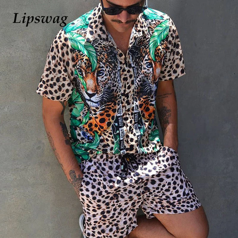 

Vintage Leopard Two Piece Sets Men Casual Button Lapel Shirts and Shorts Beachwear Suits Mens Summer Outfits Fashion Streetwear
