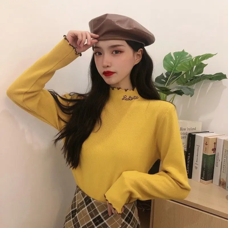 

2022 New Autumn Winter Woman's knitting Sweater Female Half turtleneck Long Sleeve embroidery fungus edge fashion Knitted Tops