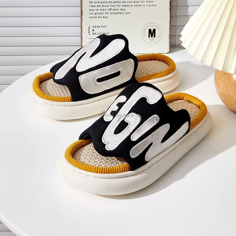 All Season Women Slippers for Home Embroidery Letters Mix-color Female House Slides Cotton Linen Indoor Slipper Woman Flat Shoes