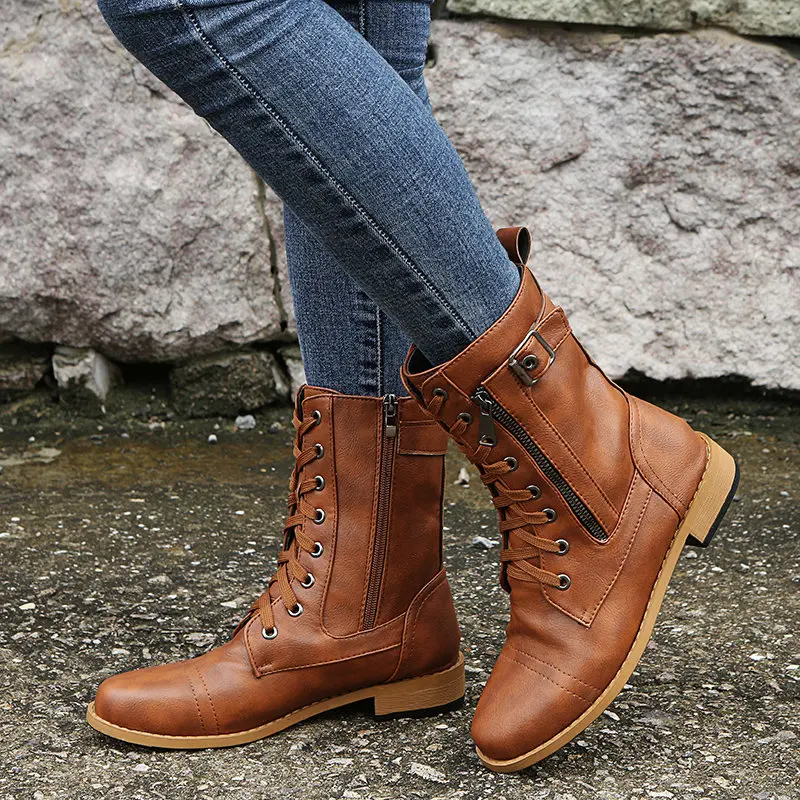 

2023 New Versatile Plus Size Retro Women's Boots Punk Lace-Up Buckle Motorcycle Boots Zipper Middle Boots Women's Short Boots