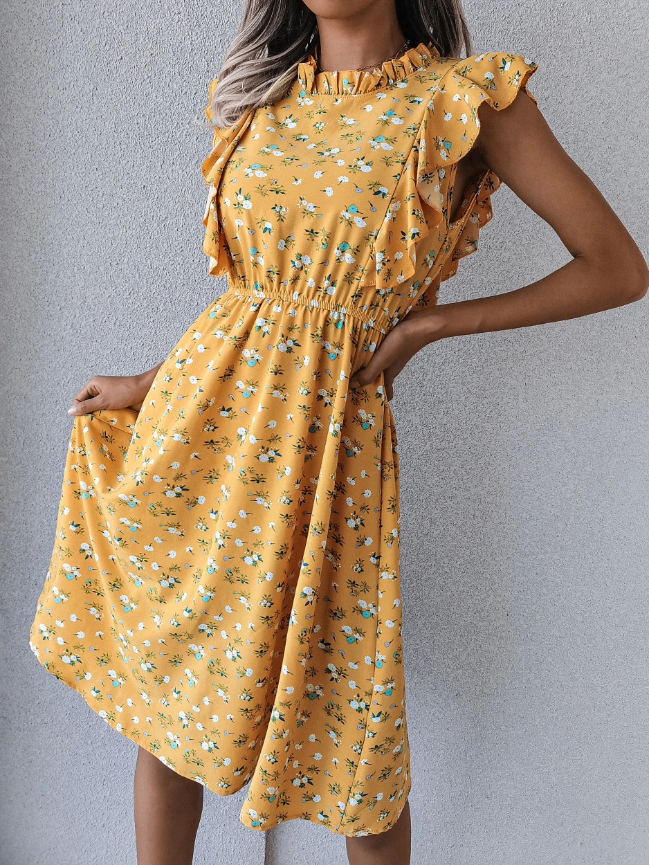 Женское шифоновое платье-миди без рукавов с цветочным принтом |