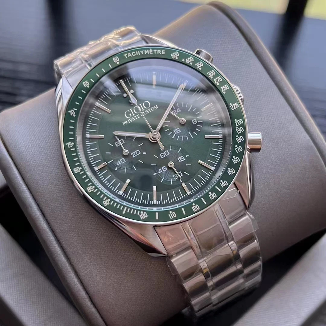 

Luxury Men's Quartz Chronograph VK63 Watch 904L Stainless Steel Black Green Ceramic Bezel Speed Sapphire Leather Wristwatch