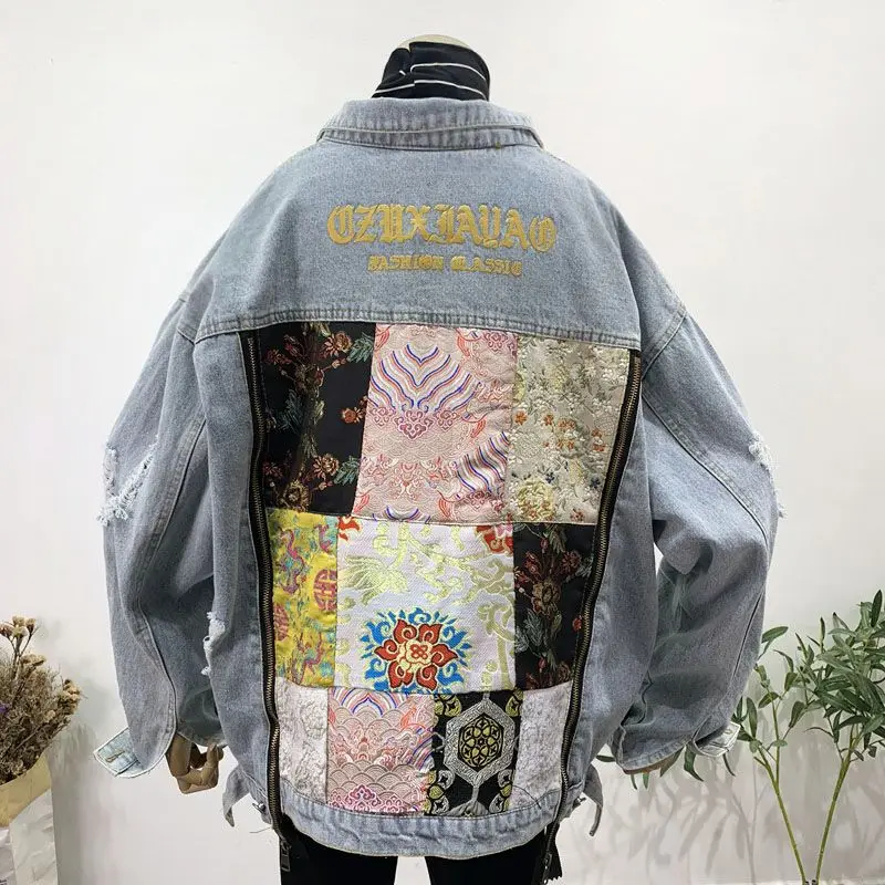 

Женская джинсовая куртка URIOR, повседневная куртка из денима в стиле хип-хоп с вышивкой надписью и вставками, уличная одежда
