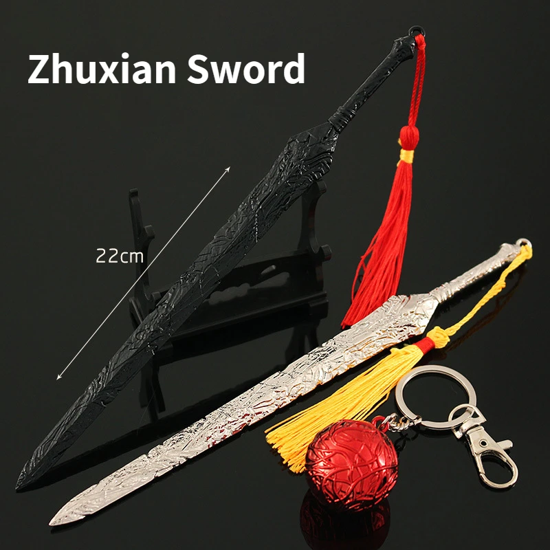 

Анимационное периферийное оружие Zhuxian 22 см, меч чжусянь, модель оружия из черного и серебряного сплава, меч, искусственное украшение, Подаро...