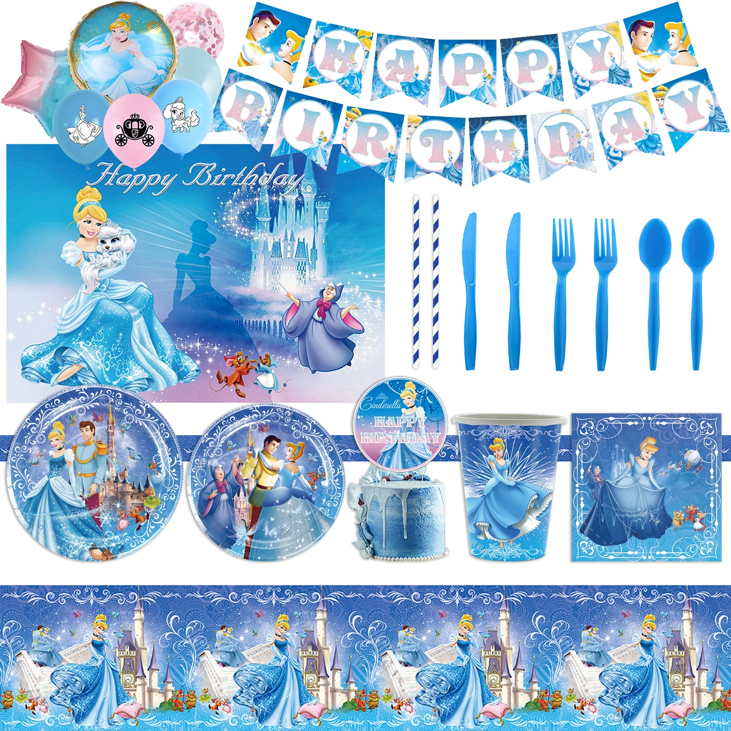 

NEW Cinderella Princess Theme Birthday Party Decorative Disposable Tableware Background Balloon Banner Baby Shower Kid Girl Gift