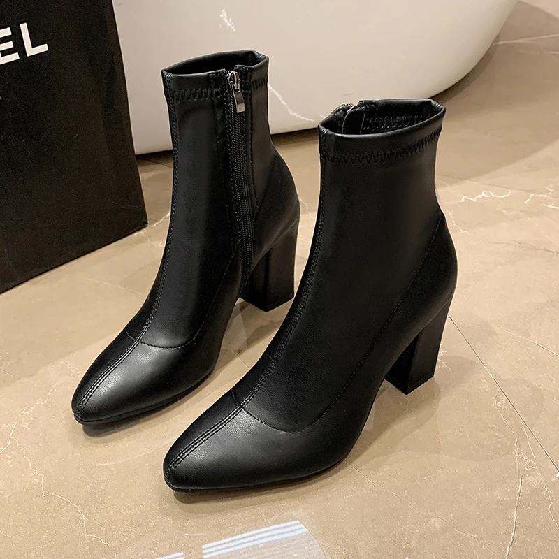 

Женские ботинки на толстом каблуке, универсальные облегающие ботинки на высоком каблуке, с круглым носком, однотонные, на молнии сбоку, Осен...