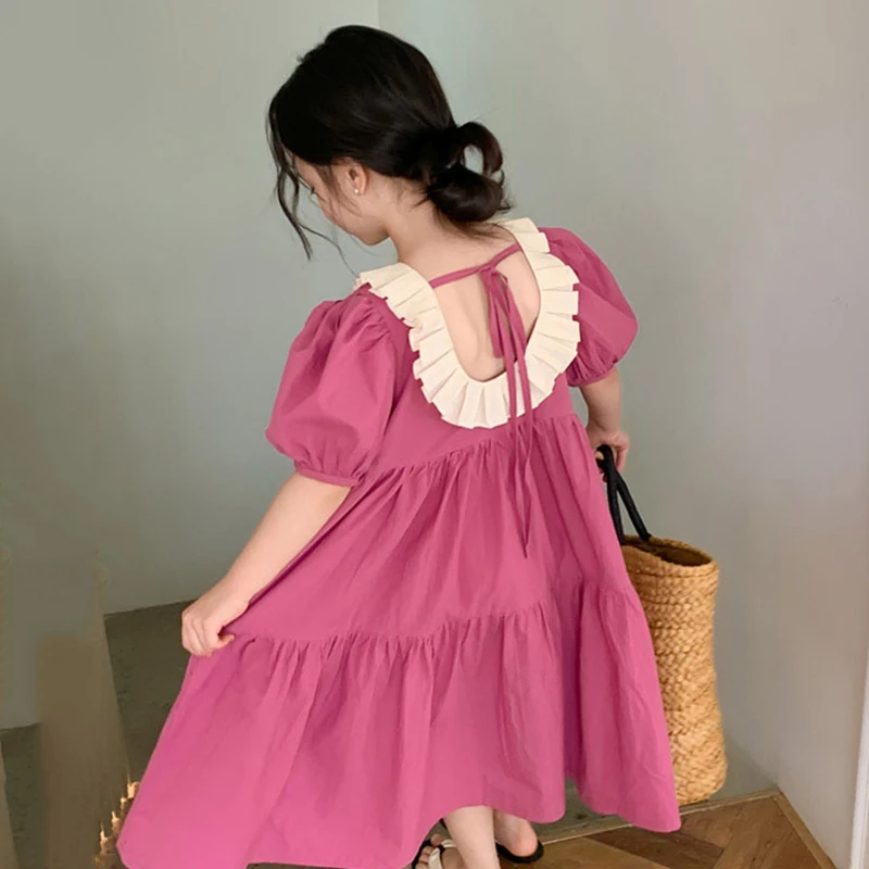 

Romantic French Backless Girl's Purple Dress Summer White Flower Collar Neck Sundress Korean Children Boutique Clothing vestidos