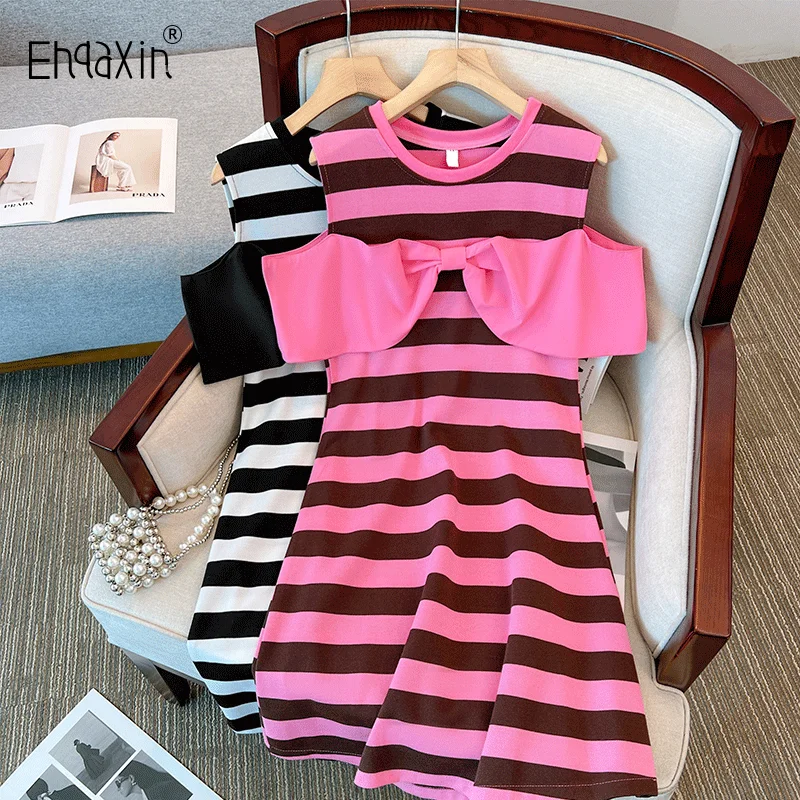 EHQAXIN Summer 2023 New Women's Dress Fashion Korean Loose Off Shoulder Sweet Bow Stripe T-Shirt Dresss For Ladies M-4XL