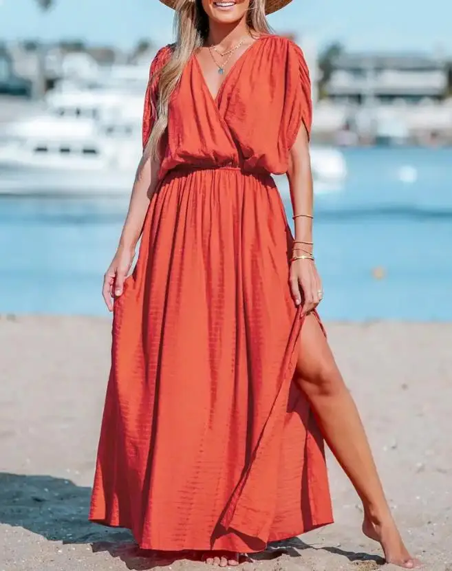 

Женское платье макси с разрезом на подоле, повседневное простое платье для отпуска в европейском и американском стиле с рюшами, лето 2023