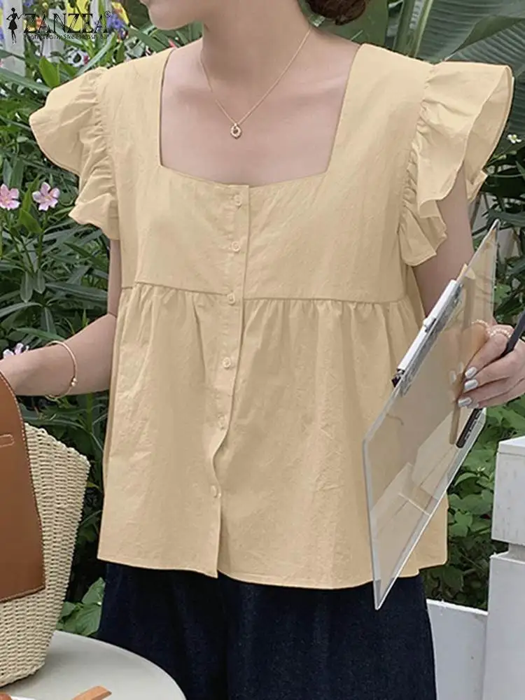 

Блузка ZANZEA Женская плиссированная, повседневная Милая рубашка с рюшами на рукавах, на пуговицах, с квадратным вырезом, модная в Корейском ст...