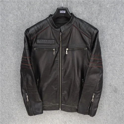 

Куртка мужская из натуральной воловьей кожи, мотоциклетная верхняя одежда с вышивкой черепа, одежда в стиле рок, LXR515