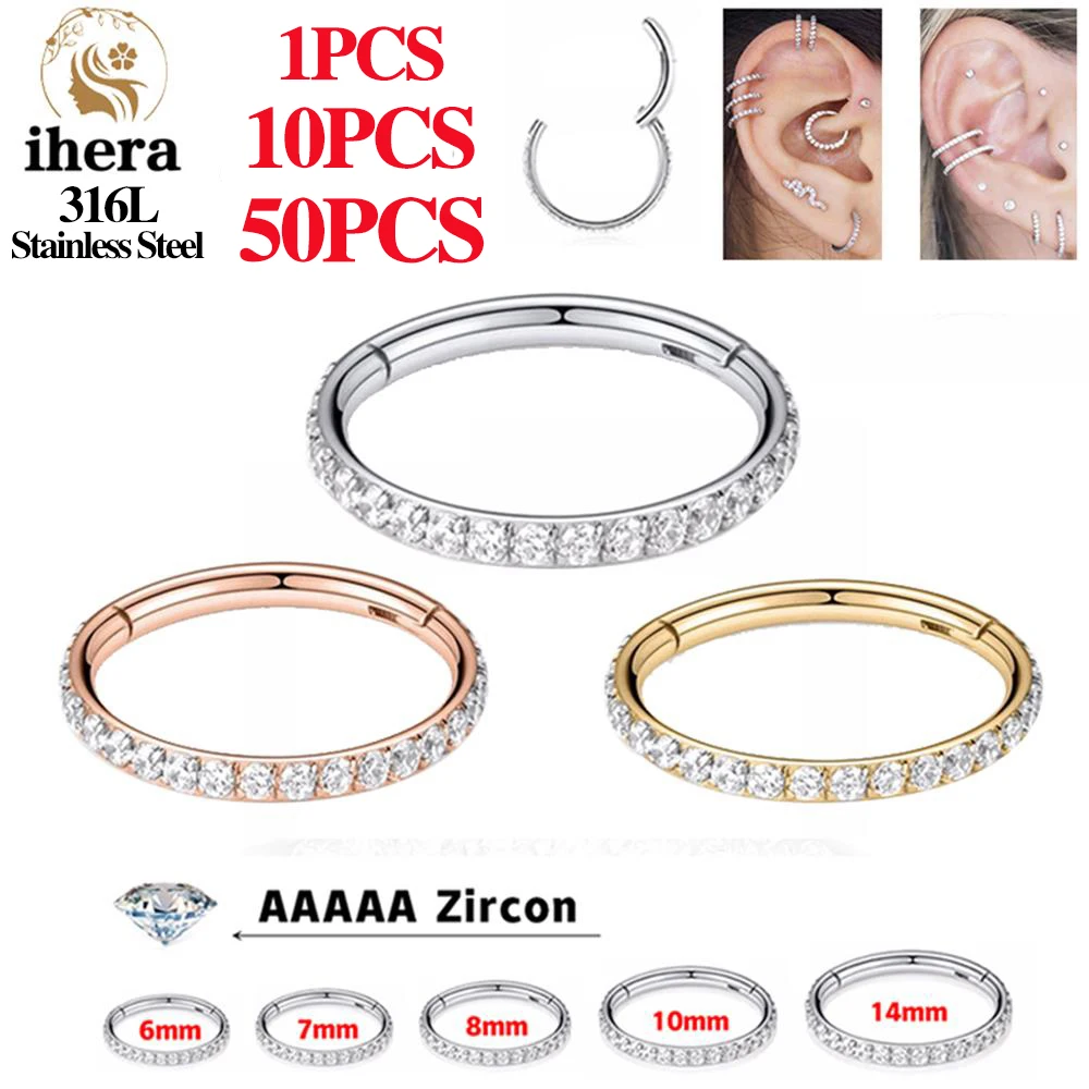 50PCS Stainless Steel Zircon CZ Hinged Segment Nose Septum Clicker Ring Round Earrings Hoops Ear Tragus Helix Piercing Jewelry