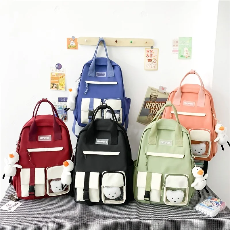 

Fashion Women Backpack Contrast Color Nylon Student Bookbags Multiple Pockets Schoolbags Cute Pendant Large Capacity Travel Bags