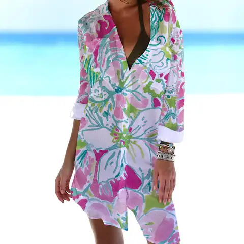 Bohemian Women's Beach Shirt Button Up Cardigan Long Sleeve Sun Protection Blouse Summer Swimsuit Plus Size V-neck Cardigan Top