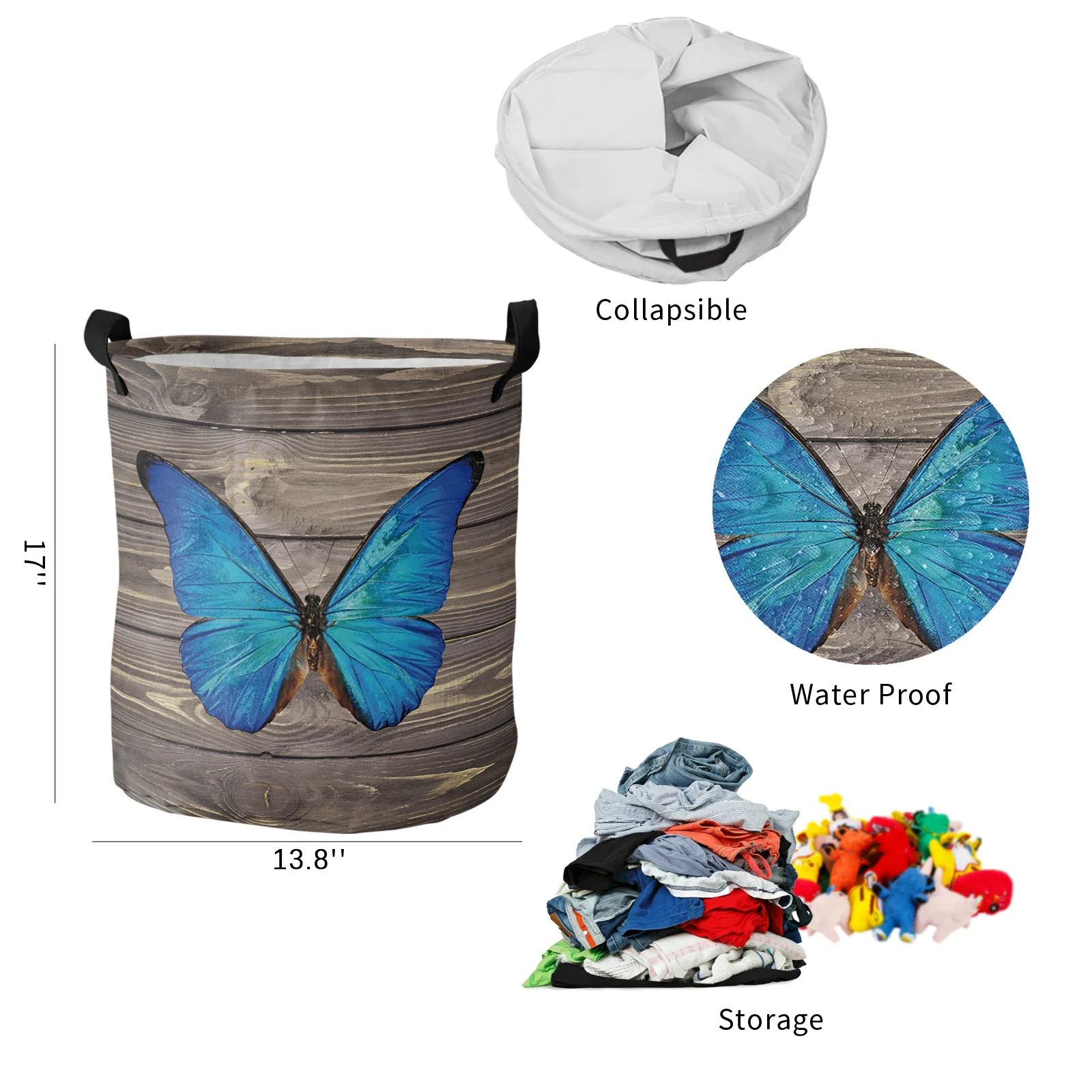 Vintage Wooden Texture Blue Butterfly Dirty Laundry Basket Foldable Home Organizer Basket Clothing Kids Toy Storage Basket images - 6