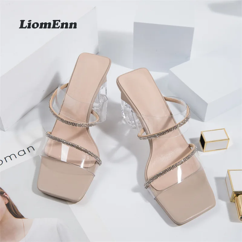 

Clear Heels Slippers Women Outdoor Casual PVC Transparent Sandals Women 2022 New Square Toe Crystal Flip Flops Party Dress Shoes