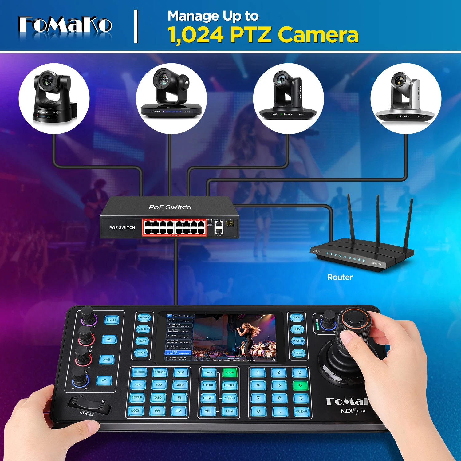 Фото Контроллер PTZ-камеры KC608N NDI, четырехэкранный 4K мультиканальный мониторинг, 5,5-дюймовый емкостный сенсорный экран, 4D джойстик Hall, PoE, NDI HX №5