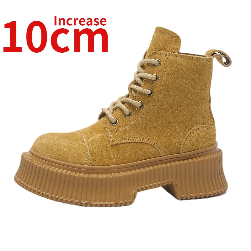 

Height Increase 10cm Genuine Leather Women's Shoes Heighten Design Yellow Boots Desert Boots New Thick Soled Short Boots Women's