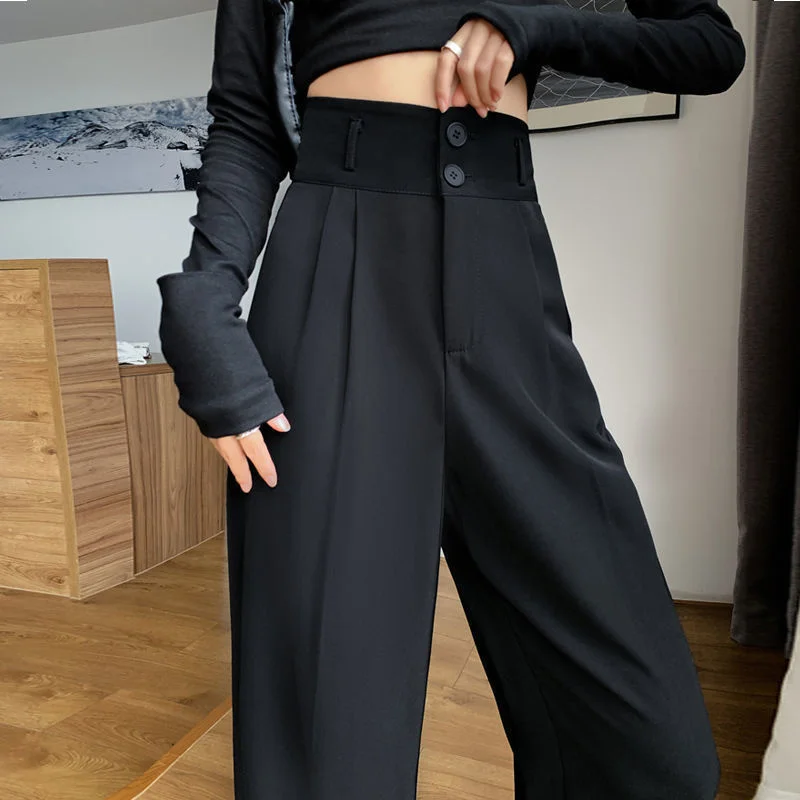 

Черные Костюмные брюки для женщин, корейские брюки с 2 пуговицами и широкими штанинами, винтажная уличная одежда, модные офисные женские штаны для работы