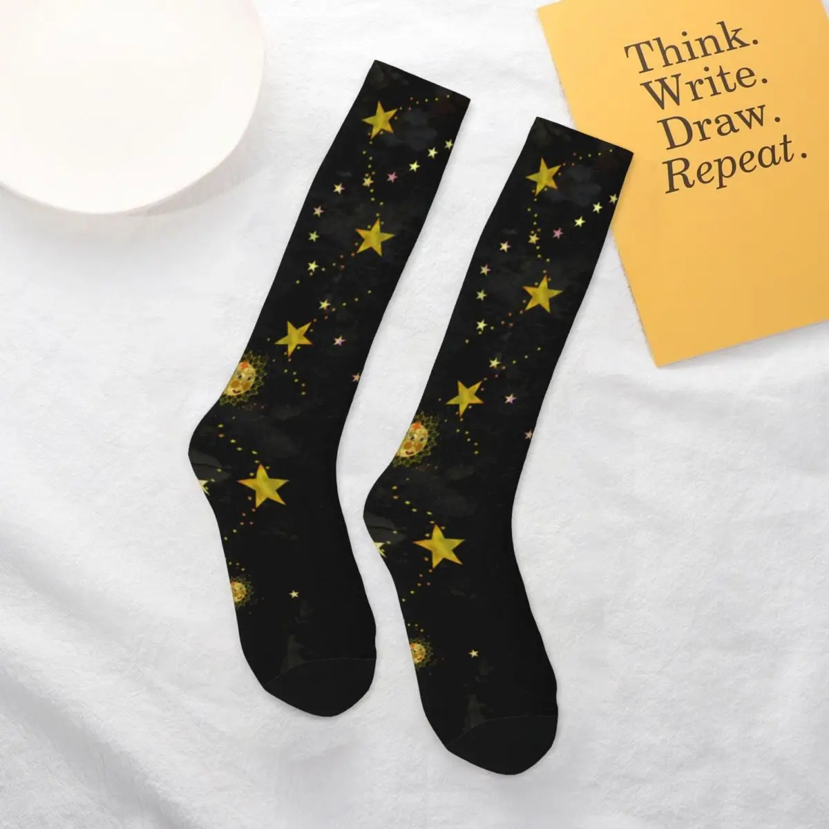 

Sun Abstract Design Socks Moon and Stars Print Breathable Style Mid Stockings Large Chemical Fiber Teenage Hiking Socks